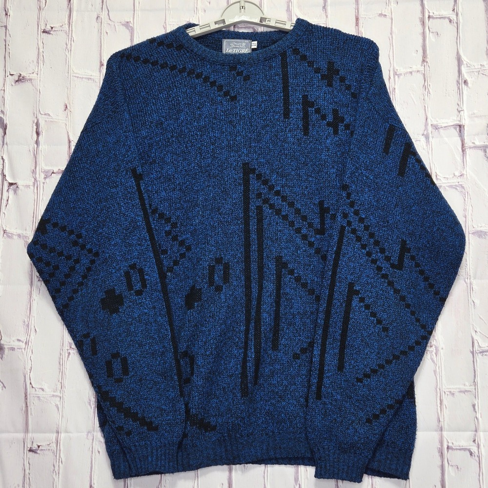 Vintage 80s 90s Le Tigre Men XXL Geometric Abstract Knit‎ Crewneck Sweater USA